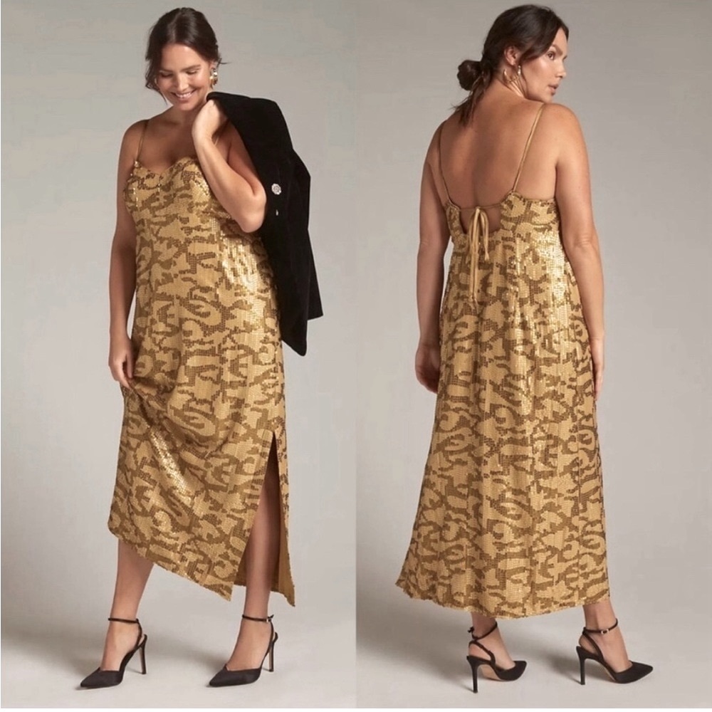 Anthropologie Gold Sequin Maxi Dress